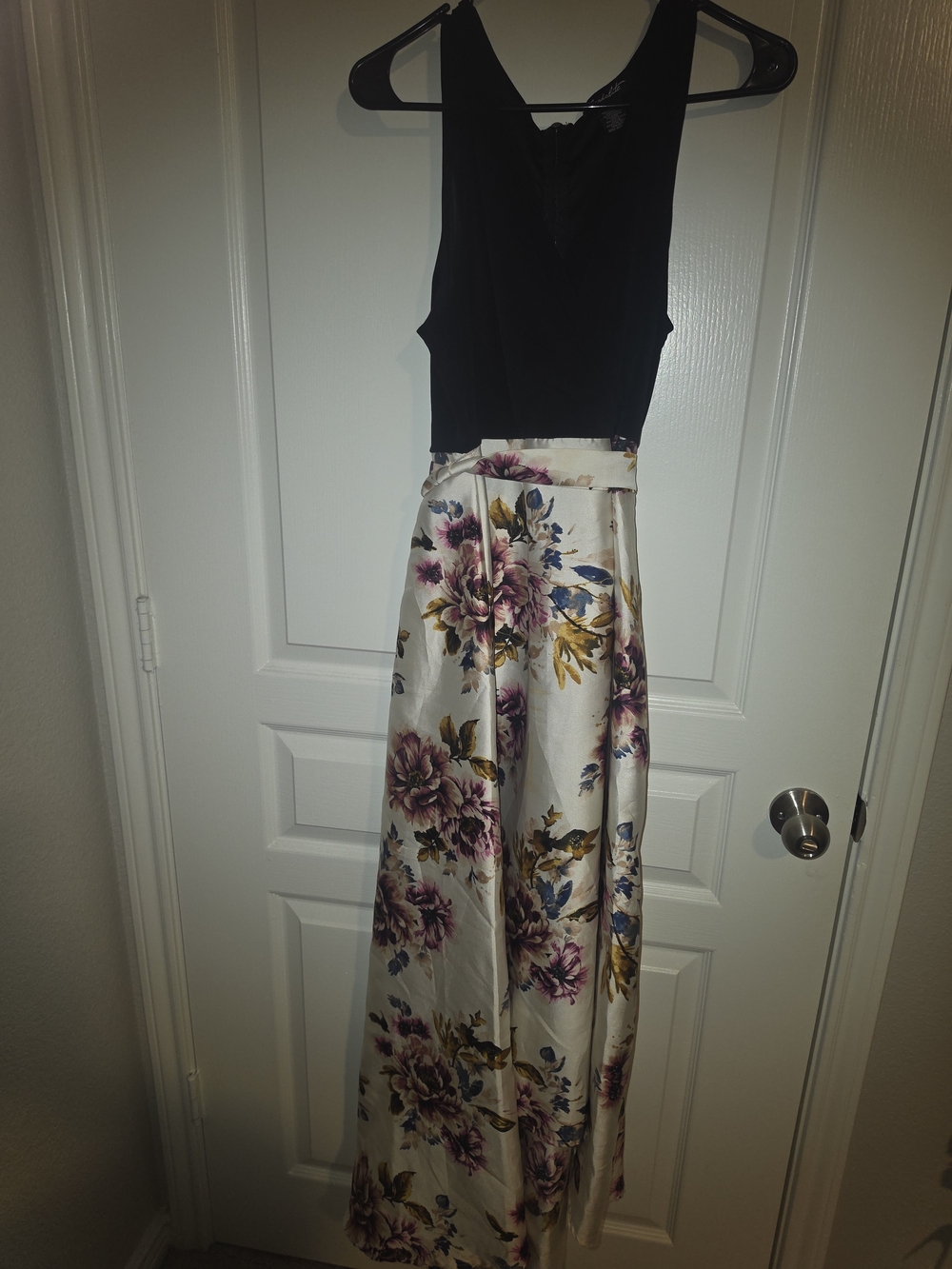 Black and Floral Satin Prom Dress